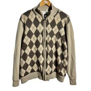 Sunice Windstopper Zip Up Cardigan Sweater Mens TG/XL Tan Argyle Long Sleeve